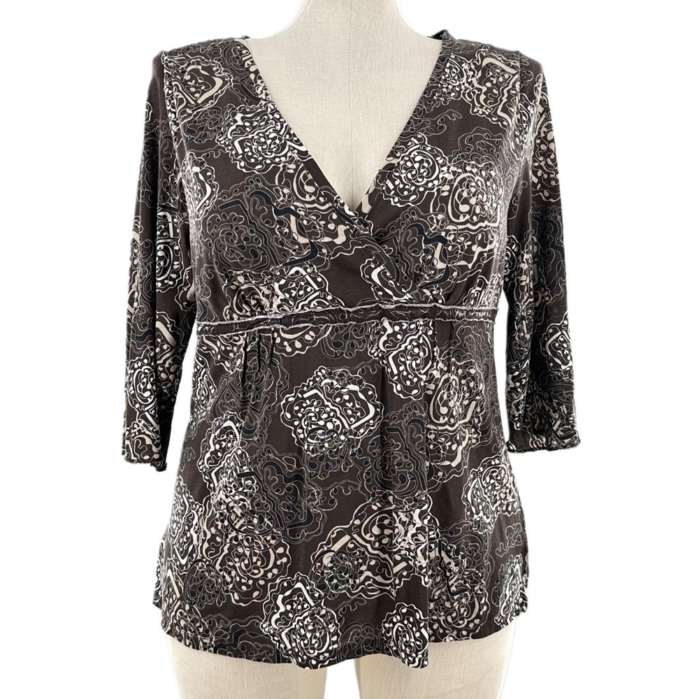 Royal Robbins womens top size XL brown white 100% organic cotton floral v-neck